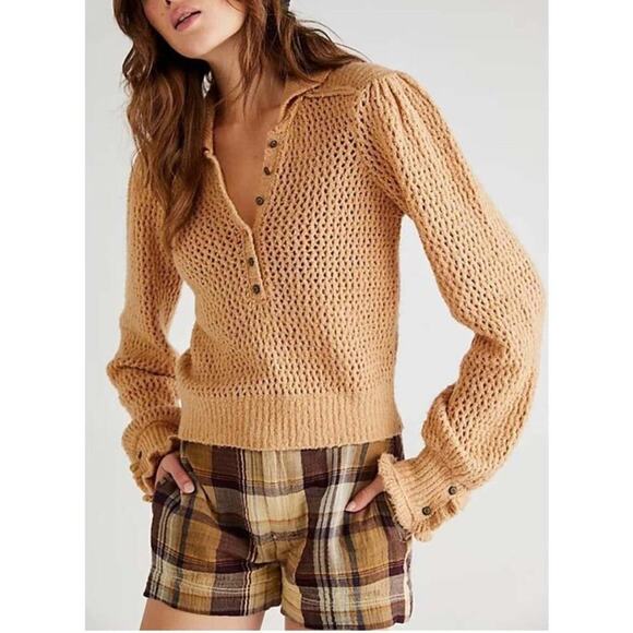 Free People Care FP Snowdrift Pullover Sweater in Camel Heather